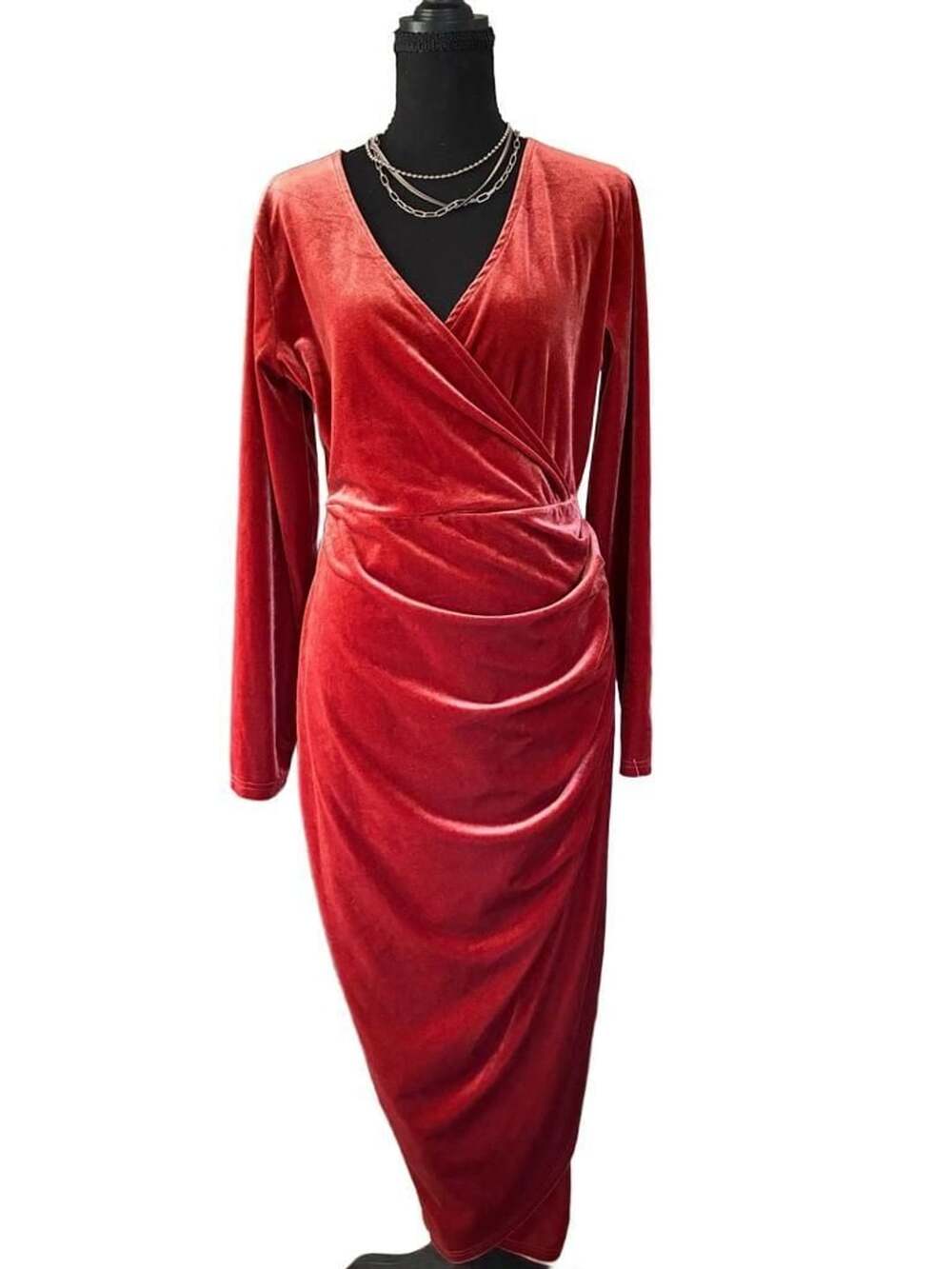 Cyclamen Long Sleeve V-Neck Ruched Stretch Velvet Midi Dress Rusty Orange-Size L